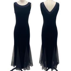 Vintage Y2k Velvet Gown Sleeveless Beaded Bateau Neck Mesh Godets Black Womens 4